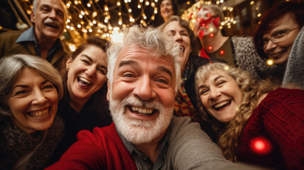 Obraz na płótnie Canvas A spirited senior taking a playful selfie with friends as they ring in the New Year together