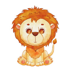 Cute sitting lion. Drawing african baby wild lion isolated on white background. Watercolor illustration for kids poster and card.
