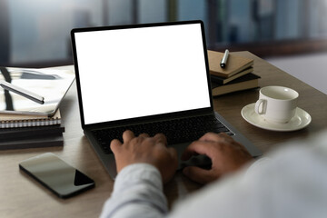 young man working Businessman using a desktop computer of the blank screen