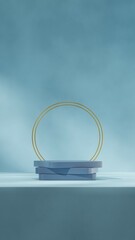 3d image render scene template blue podium in portrait with gold rings
