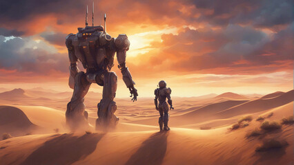 Two robots walking on a desert.