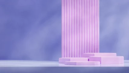 Fototapeten Lila hexagonal podium in landscape with purple background, 3d render image template mockup  © Faustudio