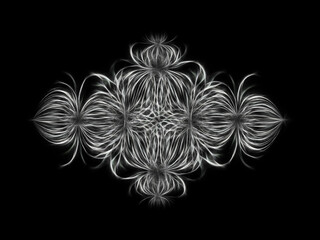 complex lacy fractal design in shades of grey on a black background