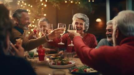 A group of seniors gathered around a festive table,  clinking glasses as they usher in the New Year