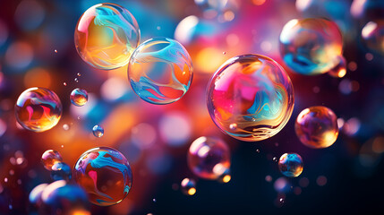 abstract pc desktop wallpaper background with flying bubbles on a colorful background. aspect ratio 16:9 - obrazy, fototapety, plakaty