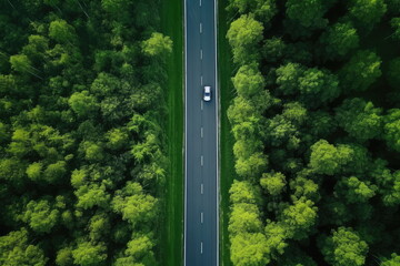 Aerial view road going through forest with car