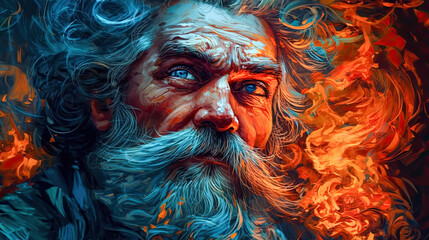 Middle-aged bearded philosopher in ancient Greek setting, lost in burning thoughts represented by fire