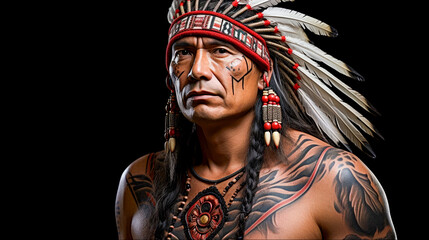 Native American chief in traditional tattoo and feather headdress, studio portrait