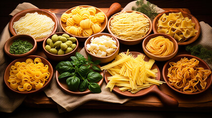 4K types of noodles for cooking on a wooden tabletop in a kitchen. wallpaper, backdrop, food photography, noodles, pasta, spaghetti, healthy food. 16:9 wide