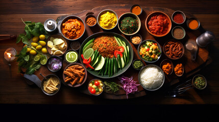 4K types of Sri Lankan food on a wooden tabletop with utensils. Direct top view for wallpaper. both food and decorations. Food photography. Party Table.