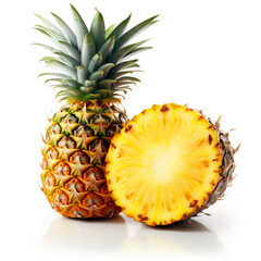 4K pineapple fruit with a cut half isolated on a white background. children's workbook fruit pictures. tropical fruit images. healthy food.