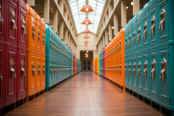 Fototapeta premium Row of colorful lockers in a bustling high school hallway, Generative AI