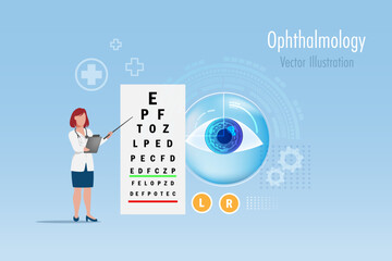 Eyesight test. Ophthalmologist with table for testing visual acuity of patient eyesight. Ophthalmology diagnosis, eyes vision correction concept. Vector.