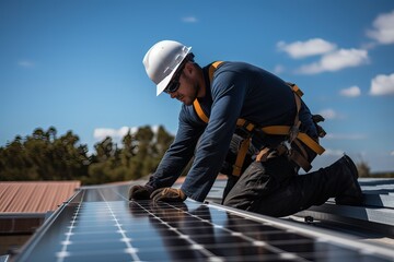  Solar panel installation. A handyman installing solar panels on the rooftop.