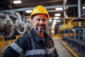 Industrial worker with safety vests and helmets. Generative AI