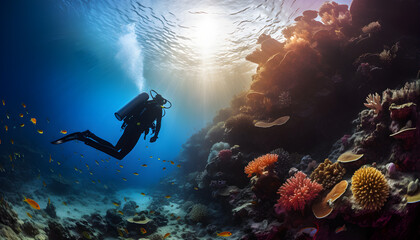 Ocean underwater with diver exploring the coral reefs. Generative AI