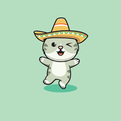 Happy Mexican Kitten Dancing Cartoon Illustration