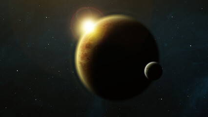Obraz na płótnie Canvas Mysterious Giant Burning Hot Alien Planet with moon 4K