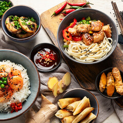 Asian food background with various ingredients on white background , top view.