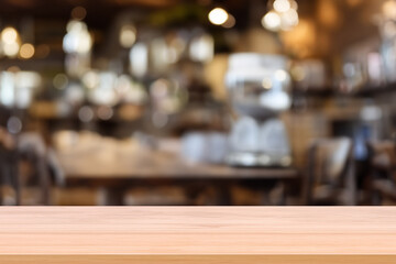 Wooden board empty table background. abstract blurred cafe background
