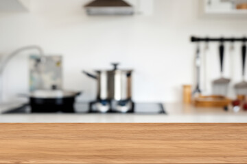 Wooden board empty table background. kitchen background blurred