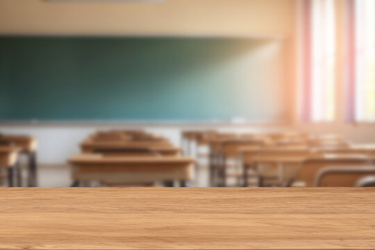 Wooden board empty table background. background of the empty classroom