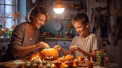 Grandmother and boy making pumpkin laterns - obrazy, fototapety, plakaty