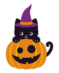 vector illustration of a halloween pumpkin and witch cat for banners, cards, flyers, social media wallpapers, etc.