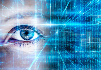woman eye looking at the future and technology background