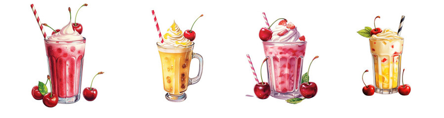 Watercolor cocktail drinks set on white background. Watercolor painting daily routine objects. Hand drawn colorful Sublimation design,white background