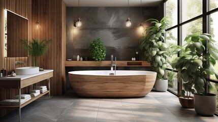 Decorated with wood and greenery, this modern bathroom features a bath tub