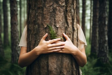 Closeup hands of woman hugging tree in forest.
