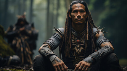 a native sits in the jungle