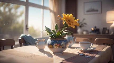 Breakfast tea on the Table with Vase & shallow depth of field effect