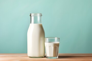Bottle of milk and glass of milk on table on color background.