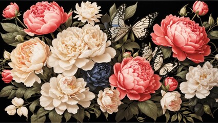 "Vintage Elegance: Exquisite Floral Composition with Delicate Butterflies on Striking Black Background"