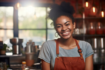 Woman wearing apron smiles directly at camera. This picture can be used to showcase friendly and approachable persona for various purposes.