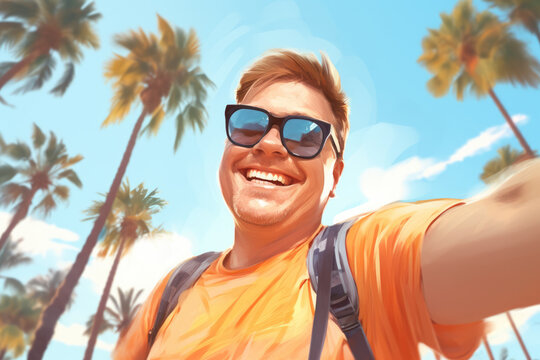 Man with backpack taking selfie with palm trees in background. Great for travel and vacation concepts.