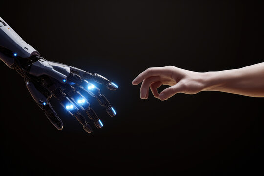 Person is shown touching hand of robot. This image can be used to illustrate human interaction with technology.