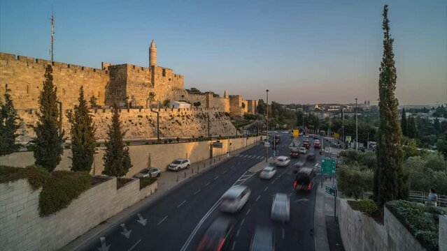 Jerusalem Old City traffic sunset timelapse hyperlapse, Israel 4k