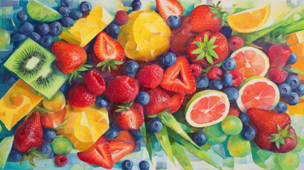 Fototapeta na wymiar Still life with summer fruits strawberries, blueberries, kiwi, grapes, orange on colored background