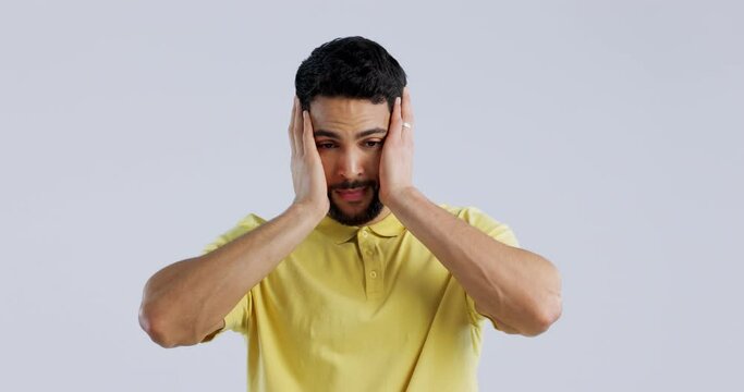 Man, mistake and hand on face for problem in studio with frustrated expression and facepalm gesture on white background. Disappointed, person and shame emoji for feedback, review or customer report