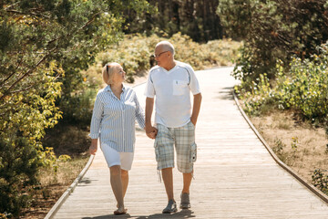 Happy elderly couple walking on a wooden deck on a forest path in the sand dunes