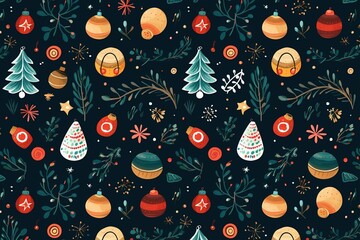クリスマスのオーナメントやクリスマスツリーのパターン（壁紙・包装紙・カラフル） - obrazy, fototapety, plakaty