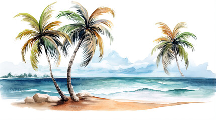 Fototapeta na wymiar Holiday summer travel vacation illustration - Watercolor painting of palms, palm tree on teh beach with ocean sea