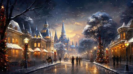 Fototapeta na wymiar A cozy town in winter with festive lights