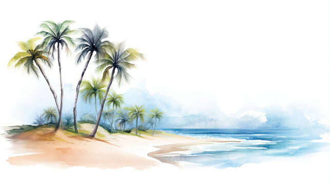 Holiday summer travel vacation illustration - Watercolor painting of palms, palm tree on teh beach with ocean sea