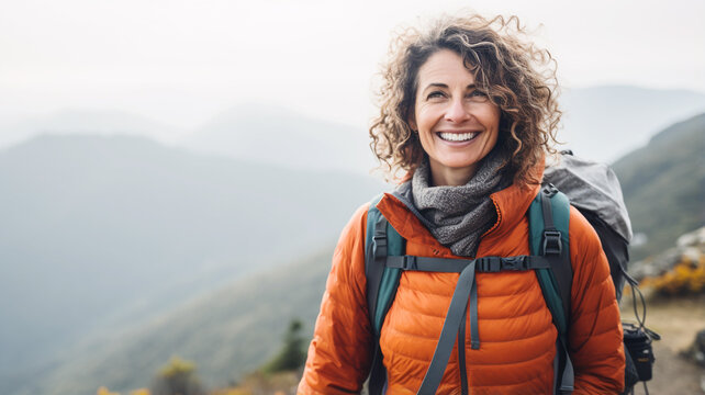 Happy Middle Age Woman Hiking On The Top Of Mountain