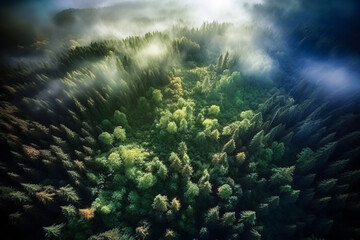 Fototapeta na wymiar Magnificent mountain and forest scenery illustration from the sky, as if shot by a drone.