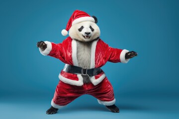 Panda wearing Christmas clothes dancing on blue background